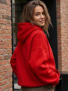 女士简约宽松长款纯色卫衣，秋冬季舒适百搭，衣橱必备基础款，适合日常、办公、休闲穿着，显瘦休闲上衣，柔软舒适，度假必备，女士春冬服装，女士外套，时尚女士卫衣，红色 - 紅色 - 查看 6