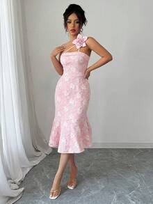 女士夏季粉色碎花单肩荷叶边修身中长连衣裙，适合约会、鸡尾酒会、度假、海滩郊游和日常穿着等各种场合。 - 粉色 - 查看 5