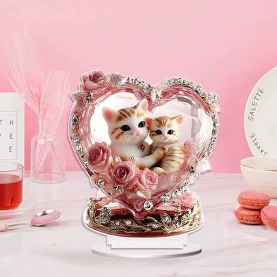 New Acrylic 2D Heart-Shaped Cat Figurine, Creative Home Decor For Living Room, Entryway
