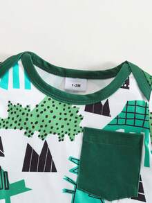 3件套婴儿可爱卡通恐龙条纹长袖连脚连体衣带口袋 - 綠色 - 查看 3