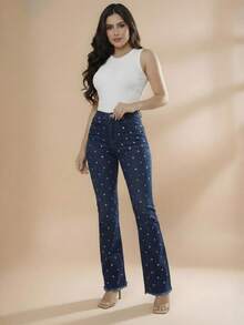 pthirillo Women's Dark Blue Flare Jeans With Butt-Lifting, High Waist, And Rhinestone Detail - Premium Rhinestone Jeans - 鏡子標誌 - 查看 8