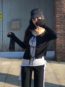 女式 V 领系腰针织开衫，轻薄宽松短款夏季罩衫 - 黑色 - 查看 8