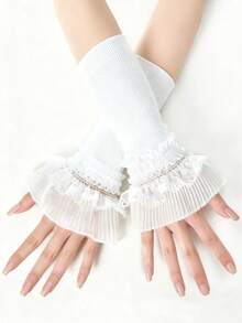 1 Pair Minimalist Versatile Spring/Autumn Lace Trim Fingerless Wrist Warmers For Women - Multicolor - View 16