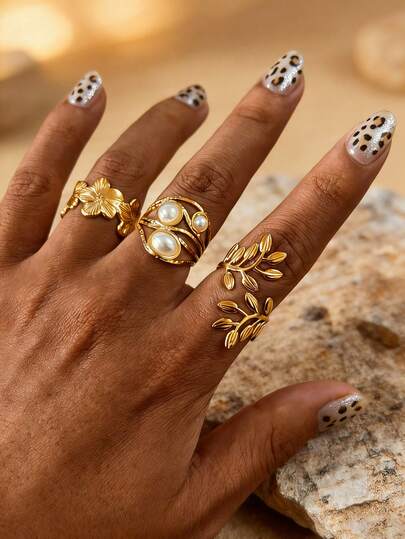 Set de 3 anillos de acero inoxidable chapado en oro de 18K con diseño geométrico elegante con forma de hoja y floral, adecuado para uso diario, festivales, fiestas, citas y vacaciones de las mujeres