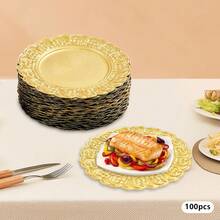 100pcs Modern Charger Plates Bulk, Dinnerware 13'' Plastic Embossed Dinner Plate Chargers Round Floral Plates For Wedding Decorative Chargers For Table Dinner Kitchen Party Decoration(Gold/Silver) ﻿ - Gold - View 6
