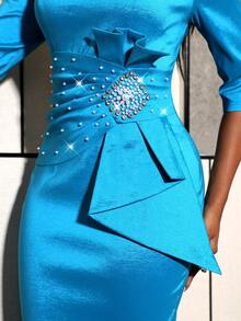 Women's Elegant Blue Mermaid Bodycon Dress, Ruched Design, Waist Decorated With Rhinestones, Ruffle Trim, Suitable For Cocktail Parties And Formal Occasions - 藍色 - 查看 2