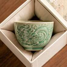 高档陶瓷茶杯，釉面紧致，浮雕吉祥龙纹，中国功夫茶杯，盖碗 - 彩色 - 查看 4
