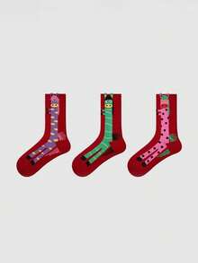 3 Pairs Women's Versatile Casual Cartoon Sports Mid-Calf Socks - Multicolor - View 3