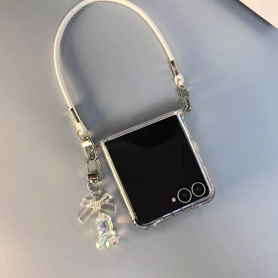 可爱透明软壳手机壳，带蝴蝶结小熊吊坠和真皮挂绳，兼容三星 Galaxy ZFlip7、Z Flip6、ZFlip 5，防震后盖 - 無色 - 查看 1