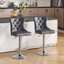 Velvet Bar Stools Set Of 2, Height Adjustable Breakfast Bar Stool, Counter Modern High Chair With Lion Knocker, Suitable For Bars Kitchens And Breakfast Counters, Grey - Dark Grey - View 12