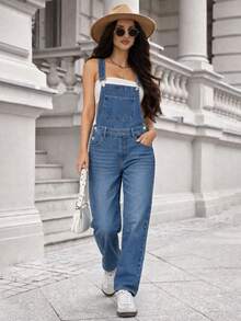 Quần yếm denim dài đến mắt cá chân, không tay, có dây đeo điều chỉnh được, ống đứng, màu xanh đậm. - Màu xanh lam - Xem 2