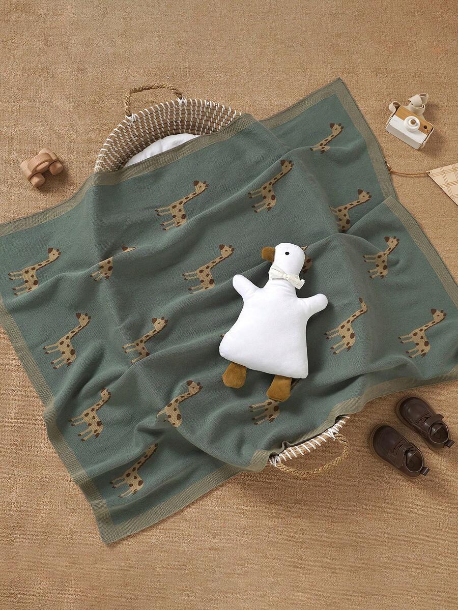 1件装ins风针织婴儿毯，长颈鹿图案柔软婴儿被，新生儿四季儿童盖毯 - 墨綠色 - 查看 1