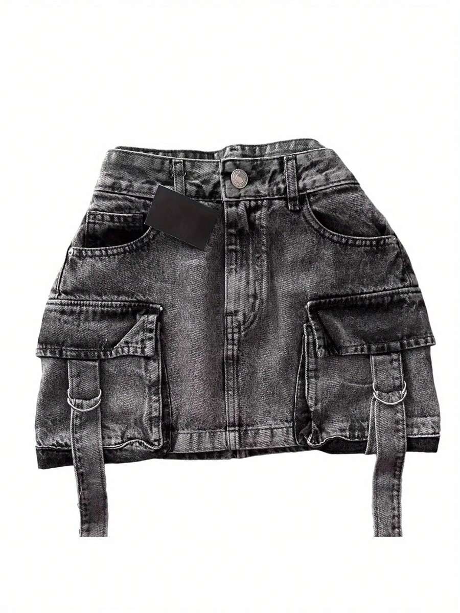Black Denim Mini Skirt For Women In A Vintage Style, Made From 100%, Featuring A Non-Stretch Fabric, Solid Color, Summer Design, Pattern, And Pockets - 黑色 - 查看 1