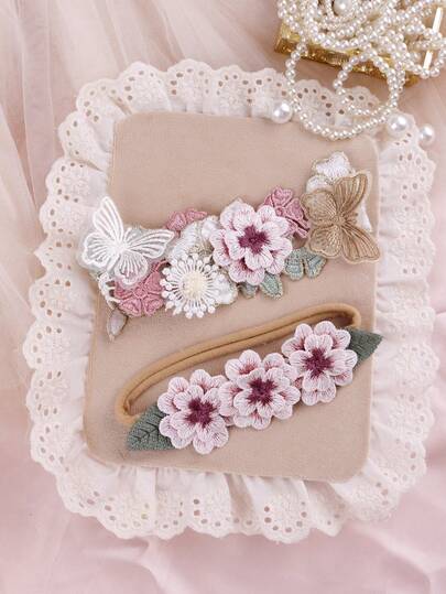 2pcs/Set Cute Infant 0-3 Years Old Butterfly & Flower Decor Elastic Headbands