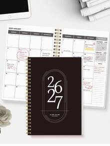 BUBU 1本 2026-2028 週計畫與月計畫螺旋裝訂筆記本，學術約會日程日誌，提升生產力，適用於居家、學校與工作使用，A5尺寸，返校用品、辦公用品、學校用品，教師禮物、男士禮物 - 黑色 - 查看 9
