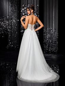 纯色亮片拼接拉链优雅无肩带婚纱 - 白色 - 查看 2