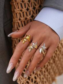 3pcs/1pc Vintage Fashion 18K Gold Plated Women's Stainless Steel Ring, Fashion Leaf Shape Personalized, Suitable For Daily Wear, Gift For Her, Valentine's Day Gift - Multicolor - View 7