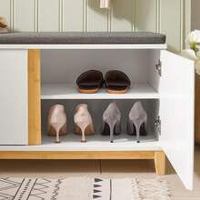 Banc à chaussures d'entrée SoBuy avec siè, coffre de rangement intérieur avec 2 portes, bois d'ingénierie + bambou 90x34x46cm Blanc FSR117- - Bianca - Voir 5