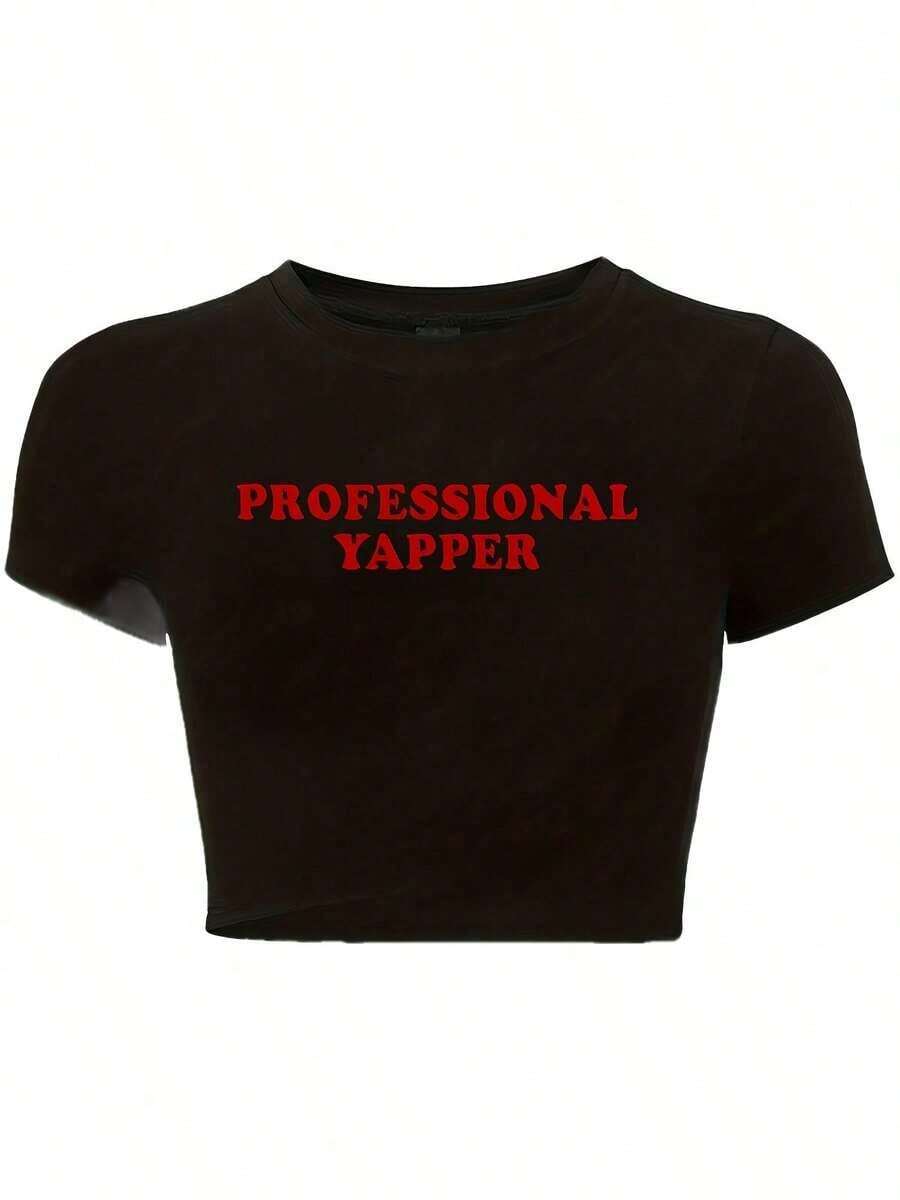 Y2K-Style Women's Cropped Top. Fashion Black Short Sleeve T-Shirt With Red "PROFESSIONAL YAPPER" Words - Black - View 1