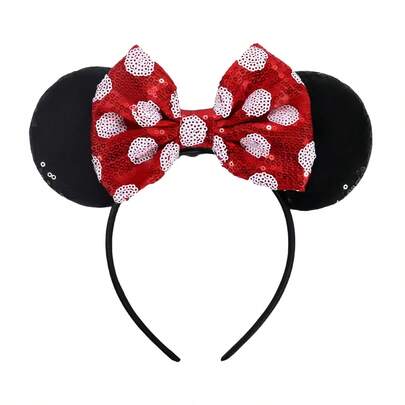 Disney 1pc Shiny Cute Red & White Polka Dot Cartoon Mouse Ear Sequin Headband, Student Party Costume Cosplay Theme Park Decor Hair Accessory