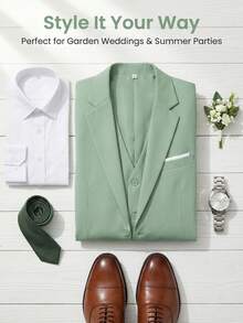 Men's 3 PiecesSuit Set, Suit Jacket + Vest + Trousers, Fresh Garden Wedding Groom Outfit, Elegant Tuxedo, Suitable For Special Occasions, Exhibitions And Social Events - Mint Blue - View 9