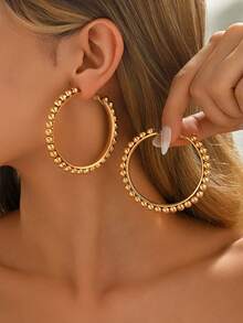 1 Pair Bohemian Style Metal Beaded Hoop Earrings, Geometric Circle Earrings For Women, Elegant Accessory For Holiday, Beach - Gold - View 12