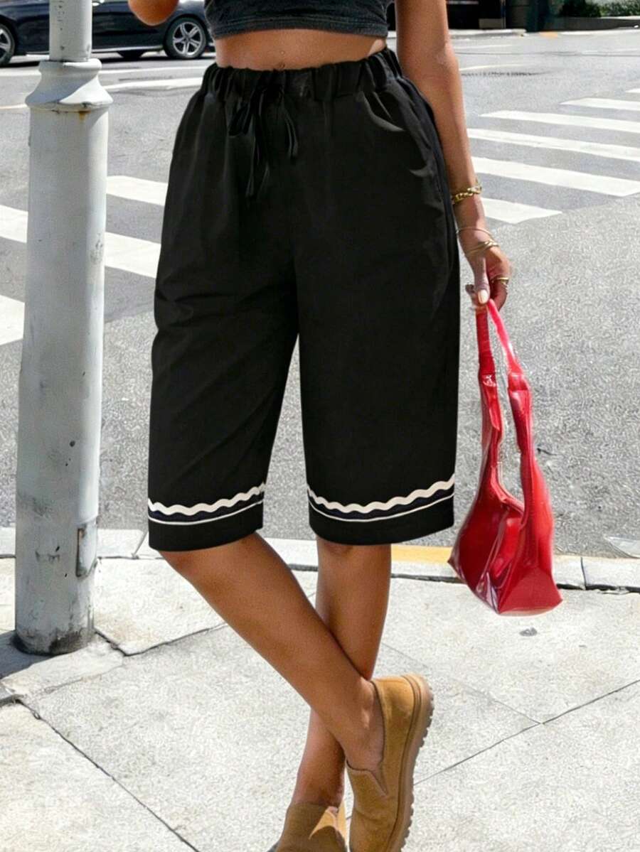 Pantalones capri deportivos casuales estampados para mujer - Negro - Ver 1