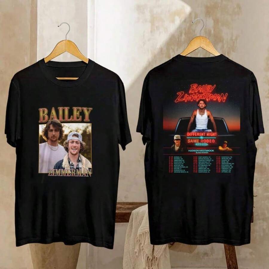 Tour 2026 Bailey ZimmermanS Different Night Same Rodeo Shirt, Bailey ZimmermanS Fan Gift, Bailey ZimmermanS Merch, ZimmermanS Country Music Tee - 黑色 - 查看 1