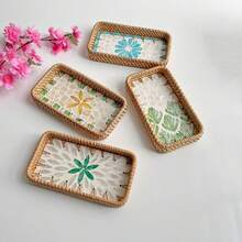 1 szt. Mały prostokątny kosz do przechowywania z rattanu i muszli, 8,66 x 4,72 x 1,18 cala, dekoracyjna tacka do przechowywania biżuterii na biurku - 1PC - Zobacz 5