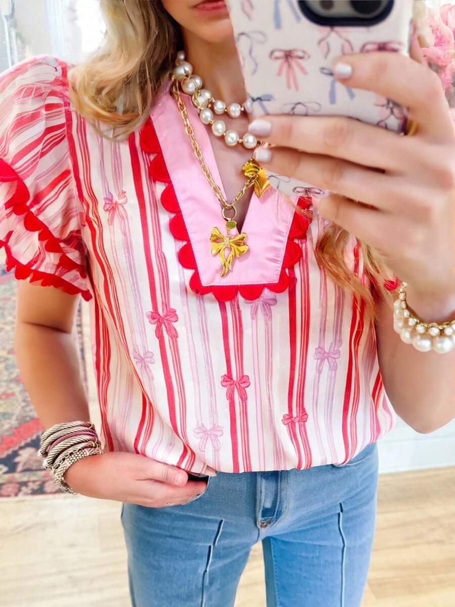 Women's Pink Ric-Rac Trim Ruffle Sleeve V Neck Bow Striped Blouse Sweet Tops Valentines Days Shirt Top - Hot Pink - View 1
