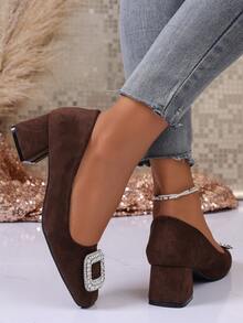 Retro Square Toe Design With Crystal Embellished Square Buckle, Elegant Commuting & Dating Comfortable & Versatile Women Shoes - Brown - View 2