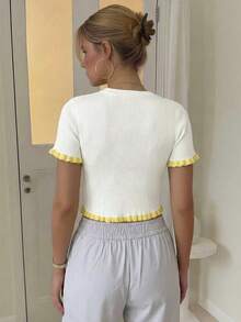 女士优雅假日/毕业针织上衣，休闲短袖米黄色荷叶边下摆针织套头衫，夏季 - 白色 - 查看 6