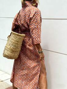 大码女士条纹印花衬衫裙，短袖翻领，腰部系带设计，下摆开衩，建议选择小一码，适合春夏日常办公穿着，优雅大方。 - 亮橙色 - 查看 2