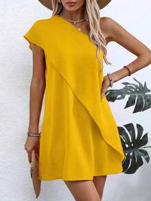 Lightweight Polyester Asymmetric Off-Shoulder Dress - Women's Fitted Style, Casual - Orange - View 1