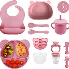 11pcs Silicone Feeding Set, Including Bear Plate, Bear Bowl, Bear Teething Feeder Bag, Bear Food Container With Lid And Ice Tray, Baby Bib, Water Droplet Cup (With 2 Lids, Can Be Used As Snack Cup Or Sippy Cup), Silicone Long Fork, Silicone Ball-Shaped Short Fork, Baby Food Masher, Baby Food Preparation Tools - Multicolor - View 14