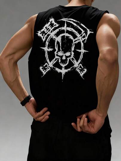 ملابس علوية أكمام بلا أكمام بطبعة جمجمة عصري متعدد الاستخدامات للرجال، صيفي