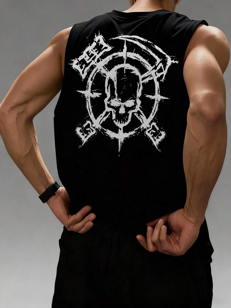 男士时尚百搭骷髅印花无袖背心，夏季 - 黑色 - 查看 1