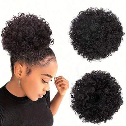 6 8 Inch Human Hair Afro Kinky Puffs Drawstring Ponytail Extensions For Women Natural Black Kinky Curly Afro Puff Remy Human Hair Extensions With 2 Clips Easy Wear