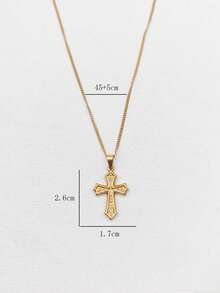 1件法式时尚18K镀金不锈钢浮雕十字架吊坠项链，奢华简约设计，百搭节日首饰 - 金黃色 - 查看 5