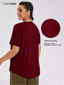 Camiseta deportiva para mujer de talla grande, con mangas raglán, bajo curvo y transpirable, adecuada para el gimnasio, correr, yoga - Burdeos - Ver 2