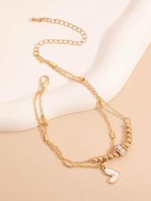 1件休闲双层心形串珠脚链，青少年饰品 - 金色 - 查看 2