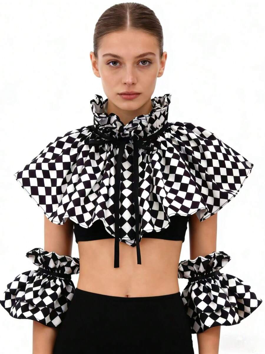1 Set Black & White Plaid Detachable Collar, Clown Costume Accessory With Plaid Pattern Collar, Unisex Clothing Accessory - 黑色 - 查看 1