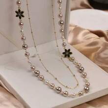 1件装时尚女士珍珠花朵项链，优雅多层毛衣链，百搭，适合外套、休闲和派对场合 - 6瓣花長項鍊 - 查看 13