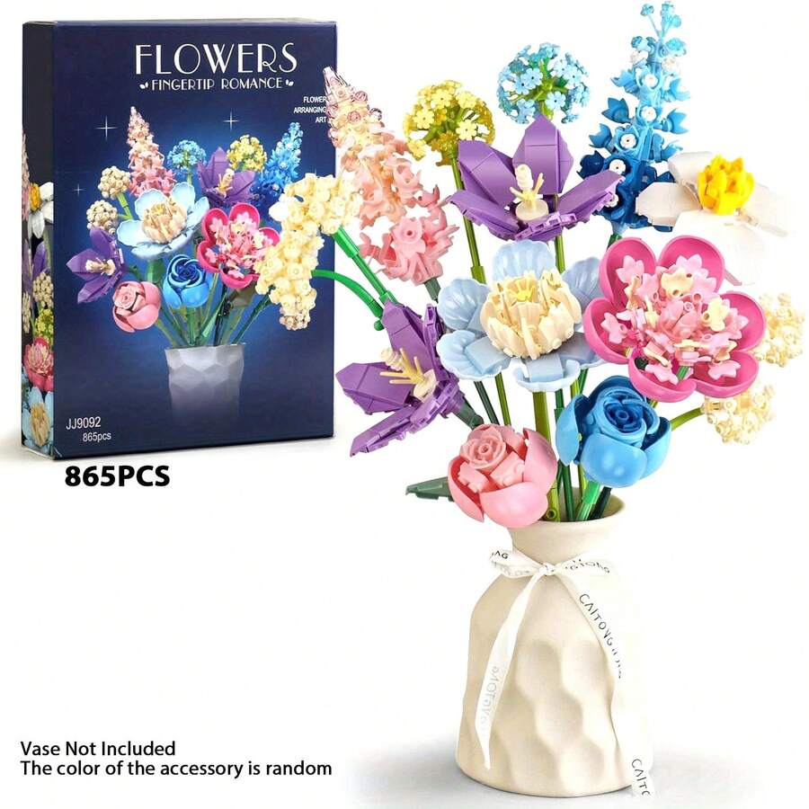 865pcs ABS Flower Building Blocks, Multi-Angle Adjustment, Compact Fit, Stem Length & Leaf Angle Adjustable Set,Perfect Confession Bouquet, Family Everlasting Flower Ornaments,Gifts For Valentine's Day (Vase Not Included) - Multicolor - View 1