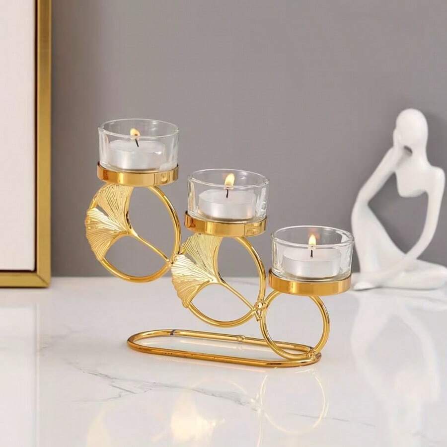 1件铁艺银杏叶装饰多头烛台，三头圆形烛台，浪漫欧式风格，抛光银杏叶烛台，家居、餐厅、酒店装饰烛台，斋月、情人节、浪漫晚餐、摄影道具、结婚纪念日、生日、各种节日适用