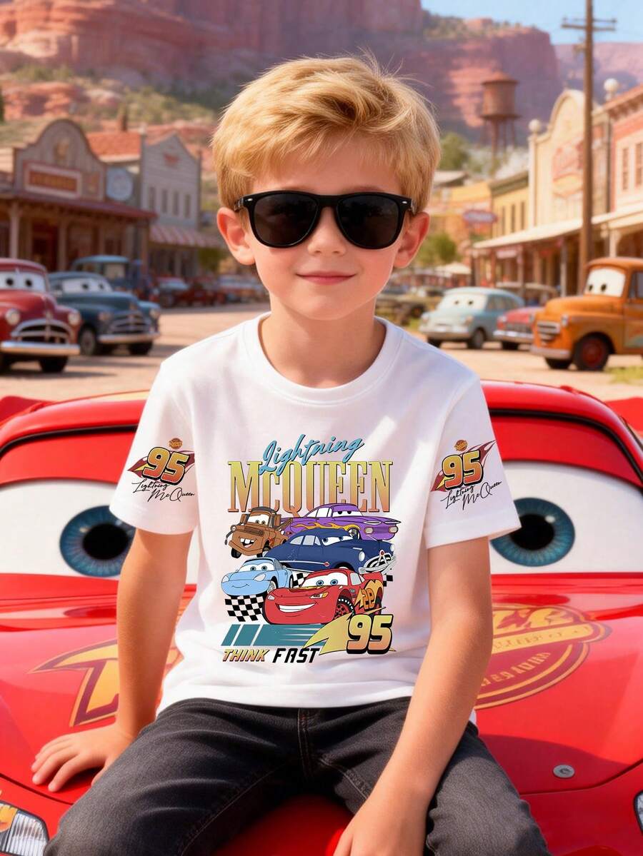 Disney Boys' T-Shirt Featuring A Creative Multi-Heat-Transfer Print Of Lightning McQueen From Cars. Made From Soft, Comfortable, And Breathable Fabric, It's Perfect For Everyday Wear, Outings, And Activities-And Makes An Ideal Gift For Kids. - 白色 - 查看 1