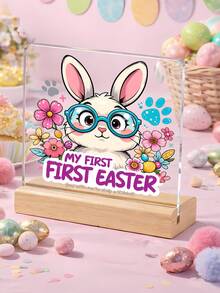 1pc Easter Decoration, Pink Bunny Table Decor, Acrylic Sign, Office Decor, Bedroom Decor, Desk Decor, Happy Easter Party Supplies, Gift Home Decor Office Desk Desk Office Supplies - Acrylic + Wooden Base - View 8