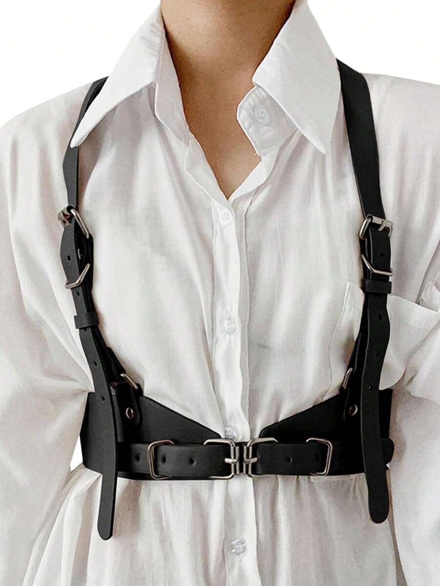 1pc Women's Punk Style Black Leather Adjustable Corset Belt, Sexy Accessory For Shirts, Dresses, Jackets Or Casual Wear - Black - View 1