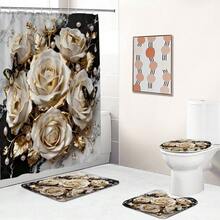 1pc/3pcs/4pcs Elegant Platinum Floral Multi-Function Bathroom Decor Shower Curtain Set, Free 12 Hooks Included, Luxury Holiday Vibe, Bathroom Mat, U-Shaped Mat And Round Toilet Mat, Suitable For All Scenarios - B - View 4