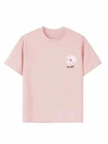 Tween Girl Floral Print Round Neck T-Shirt, Summer Top - Pink - View 8